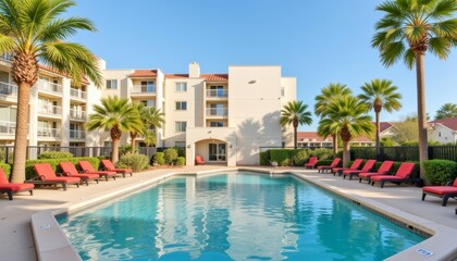 Tropical condo community with palm trees and pool, vacation paradise