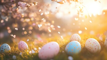 A soft-focus Easter sunrise with pastel-colored eggs reflecting golden light, floral petals gently floating in the air. 