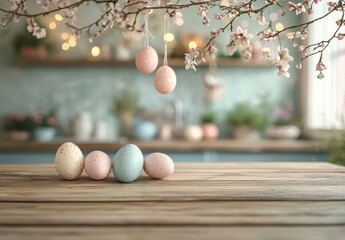 Obraz premium Colorful Easter Eggs and Blossoming Branches on a Wooden Surface in a Cozy Spring Kitchen with Soft Natural Light