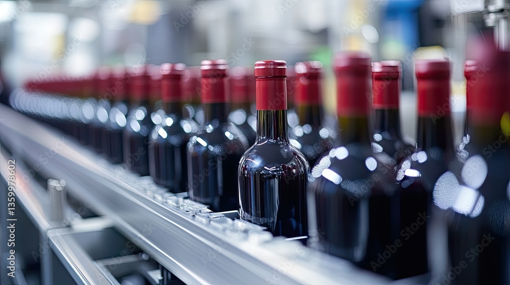 Poster a row of red wine bottles passing through an automated quality check in a modern bottling plant.