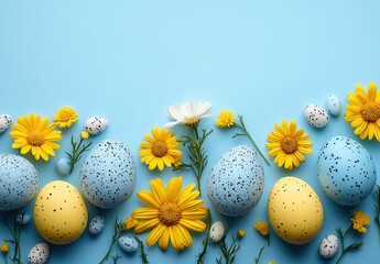 Colorful Easter Eggs and Bright Flowers on Blue Background, Celebrating Spring with Delicate Daisies and Creative Holiday Decor for Festive Atmosphere