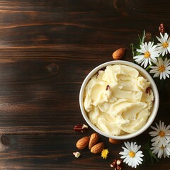 Fototapeta premium Creamy Whipped Butter with Nuts and Flowers on Wood