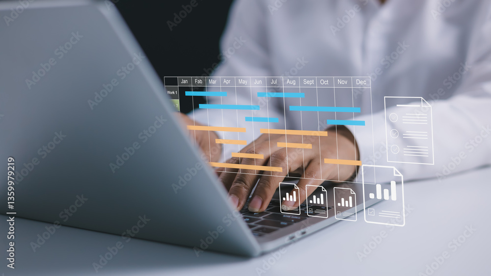 Aufkleber project management tool and work schedule concept, planning software, businesswoman use laptop to ma