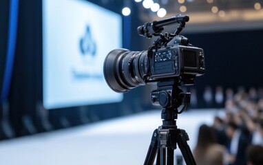 A professional video camera on a tripod captures a blurry image of a large conference or presentation. The camera is in focus in the foreground, while the background shows a large screen and an