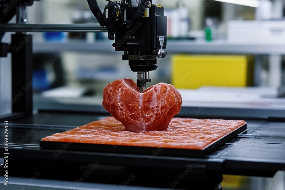 Poster advanced 3d printer creating a detailed red model in a modern workshop setting