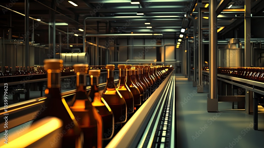 Poster a state-of-the-art wine factory where fresh bottles pass through a conveyor system under quality con