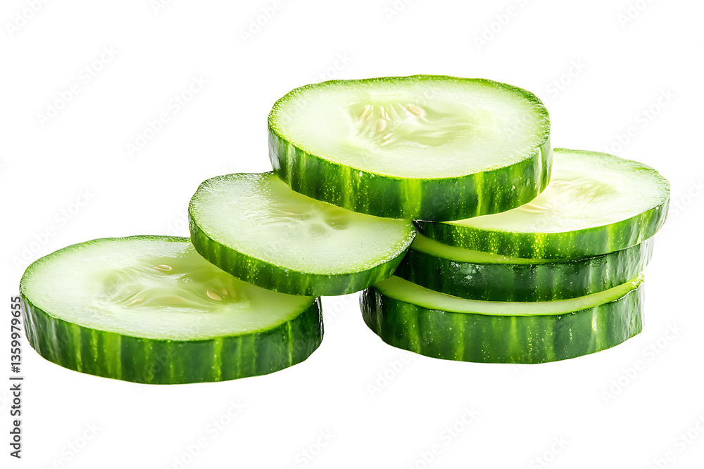 Poster a stack of cucumber slices with a few slices leaning against the stack on a black background