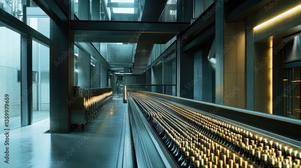 Poster a state-of-the-art wine factory where fresh bottles pass through a conveyor system under quality con