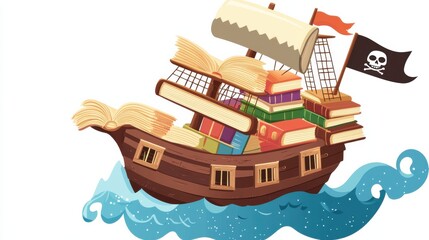 Whimsical Book Pirate Ship Sailing on Blue Waves