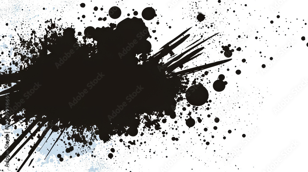 Poster An artistic display of black ink splashes on a white surface showcases dynamic shapes and textures, perfect for creative projects or abstract designs