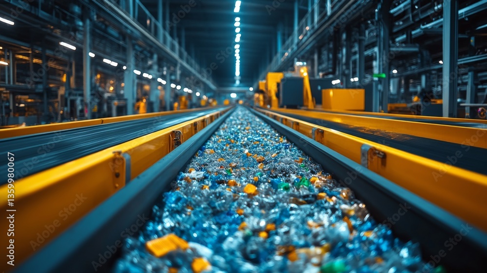 Poster conveyor belts transport various recyclable materials through a modern warehouse dedicated to effici