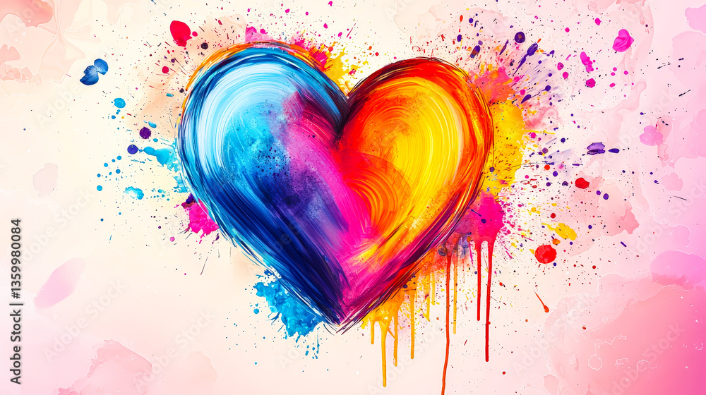 Poster a colorful heart design features blue and orange hues blending together with playful splashes, set a
