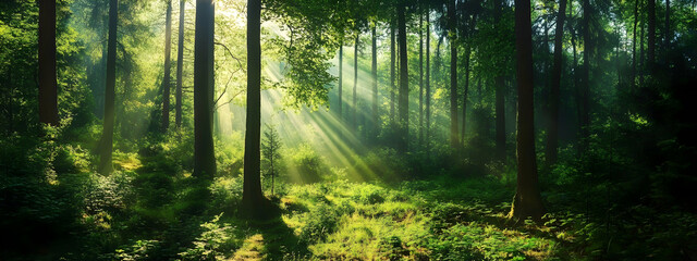 Obraz premium Breathtaking view of a lush green forest with sunlight filtering through tall trees -