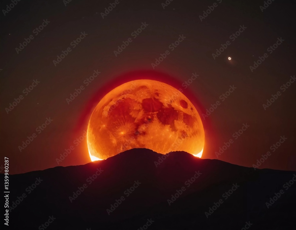 Poster a stunning celestial event unfolds as the bright moon emerges from behind majestic mountains, castin