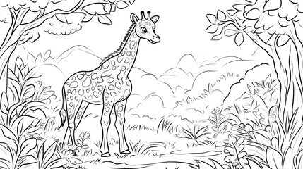 Giraffe in African savanna, coloring page, wildlife illustration