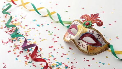 Decorative masquerade mask with vibrant patterns surrounded by multicolored confetti and curling ribbons on a white festive background.