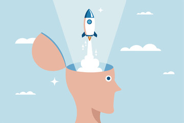 Open minded, innovation or improvement with knowledge or wisdom, learning or thinking enlightenment, start, begin project, discover or release project concept, human head open mind and launch rocket.