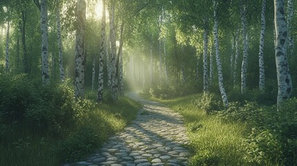 Obraz premium Sunlit path through a misty birch forest.