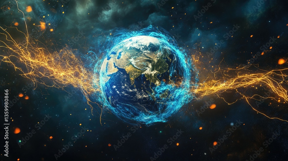 Poster abstract earth model with dynamic electric currents flowing across its surface.