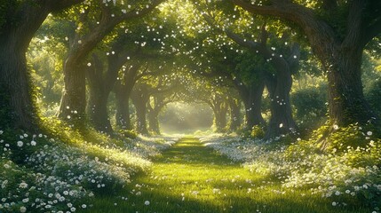 Fototapeta premium Sunlit path through a magical forest with blossoming trees and flowers.