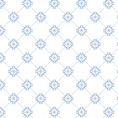 Naklejka premium Elegant Seamless Damask Pattern on White Background. A seamless damask pattern with intricate blue floral motifs on a white background, perfect for textiles, wallpapers, and decorative designs.