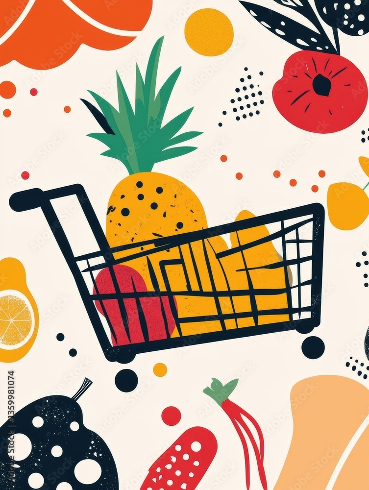Leinwandbilder stylish abstract grocery shopping theme with geometric shapes and vibrant colors featuring fruits an