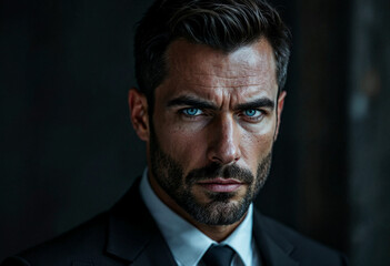 Serious Male Actor Headshot Portrait - Dark Grey Suit, Stubble, Intense Gaze
