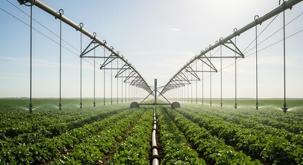 Vast green field irrigated by modern center pivot system under bright sunlight. AI Generated