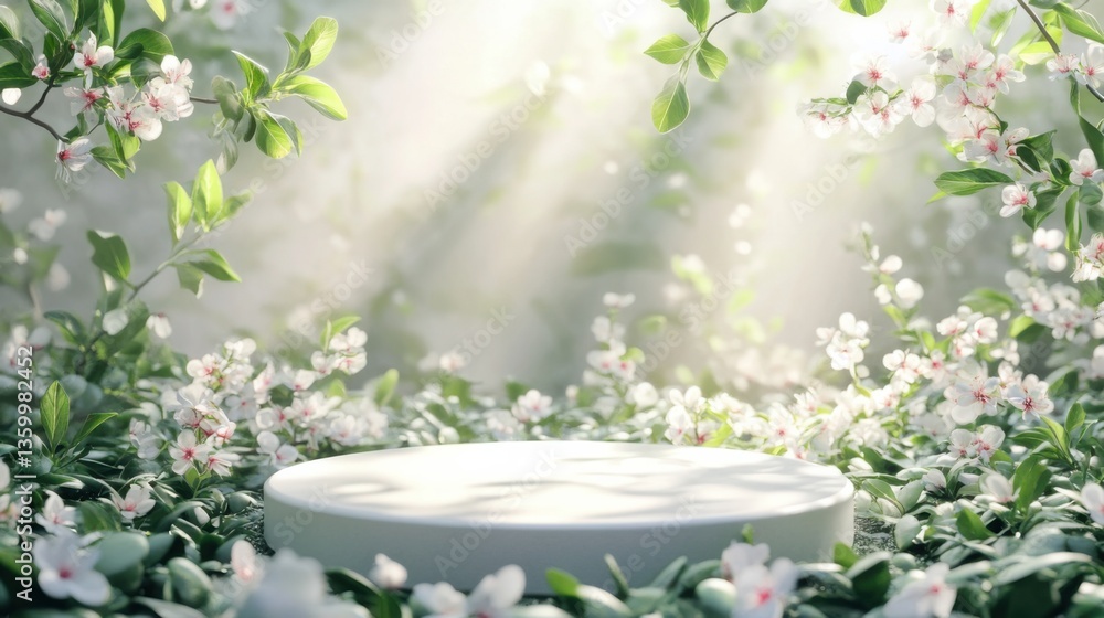 Aufkleber sunlight filters through blossoms illuminating a circular platform in a serene garden setting