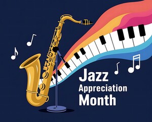 Jazz Appreciation Month with Saxophone, Piano Keys, and Musical Notes for Celebration Graphics