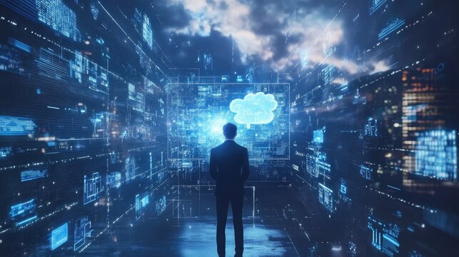 Business leader using a virtual screen with AI, cloud computing, and data network elements. - Powered by Adobe