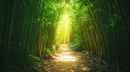 Fototapeta premium Sunlit path through dense bamboo forest. (1)