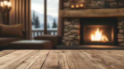 Fototapeta premium Cozy wooden table in front of warm fireplace, creating welcoming atmosphere