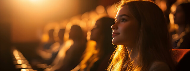 Captivated audience in a theater with warm lighting, focusing on a young woman  -
