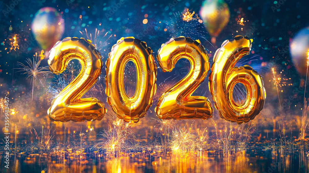 Poster golden balloons feature the number 2026, surrounded by shimmering lights and fireworks, creating a j