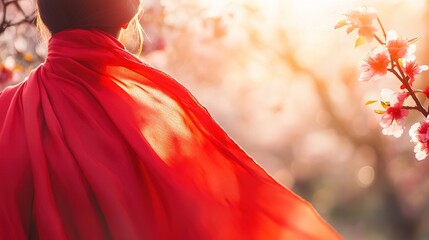 A woman embraces newfound freedom, her crimson cape billowing in a sunlit orchard, bathed in warm, golden light.