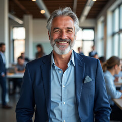 Smiling Senior Businessman in Elegant Blue Suit at Modern Office – Charismatic Executive Leader with Confident and Approachable Demeanor