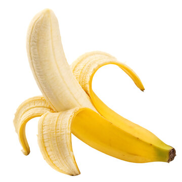 Partially peeled ripe banana isolated on black background