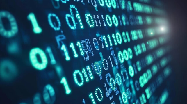 Digital binary code streams create futuristic atmosphere of technology and data
