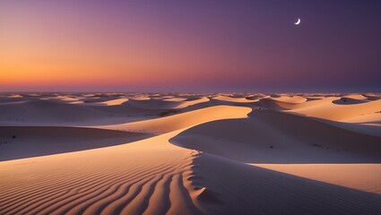 Desert dunes at sunset. Golden sand and gradient sky with crescent moon