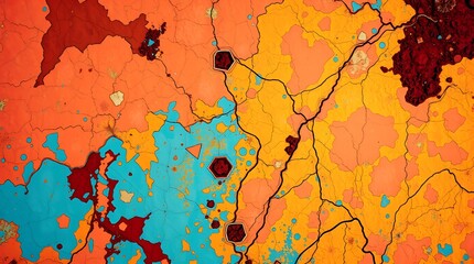 Abstract Colorful Terrain Map Art depicting vibrant orange yellow blue and red landmasses separated by dark lines suggesting rivers or boundaries