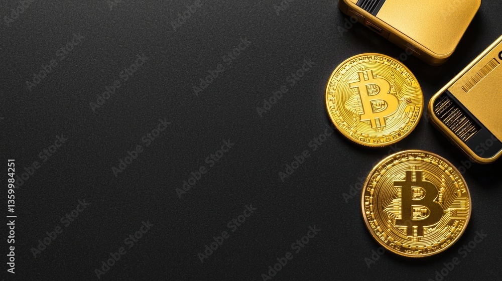 Poster bitcoin coins on a textured dark background