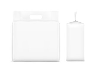 Realistic stand bag with hole handle mockup. Front and side view. Vector illustration isolated on white background. Suite for the presentation of diapers, wet wipes, pants changing mats. EPS10.