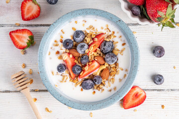 Sweet Homemade Breakfast, Greek Yogurt bowl with Granola and Berries