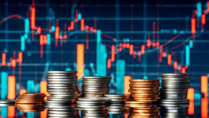 Double exposure of coin stacks and financial trends