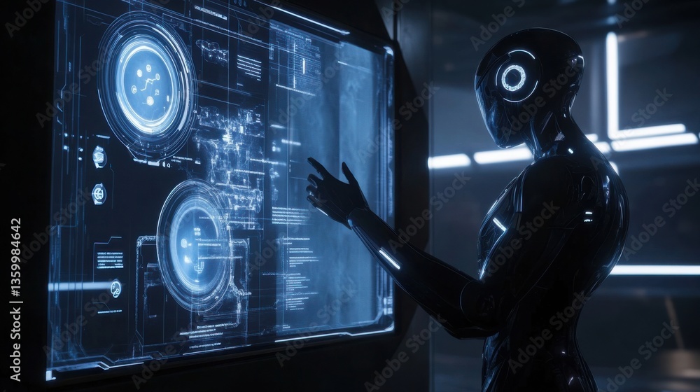 Poster futuristic robot interacting with advanced holographic display in a high-tech environment