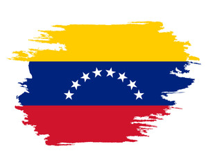 Brush painted Venezuela flag. Grunge flag Venezuela. Watercolor drawing national flag Venezuela. Independence Day. Banner, poster template. National flag Venezuela with coat arms.