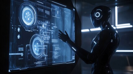Futuristic robot interacting with advanced holographic display in a high-tech environment