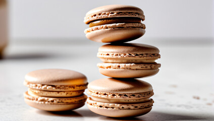 Macarons de couleurs café sur fond blanc