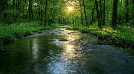 Fototapeta premium Sunlit stream flowing through lush green forest.